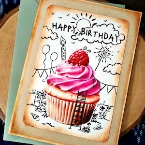 Doodle verjaardagskaart met frambozencupcake