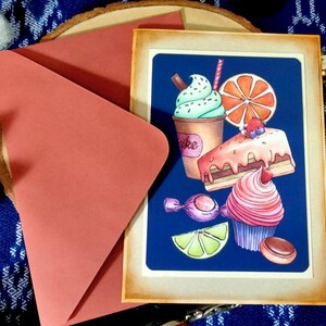 Desserts op donkerblauwe verjaardagskaart zonder tekst