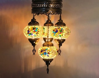 Turkish Ceiling Lamp | 4 Globe Turkish Chandeliers | Customizable Mosaic Pendant Lamp | Hanging Light | Asylove New Design