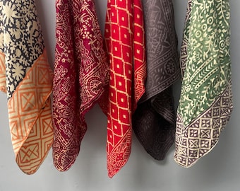 Set of 5 Handmade Silk Bandana scarf,Hand Block print Neckerchief,Necktie,Neckband,set of Handmade bandana gift,valentine gift item