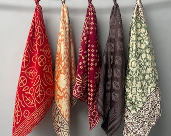 Handmade Silk Bandana Scarf Set: Block Print Neckerchiefs