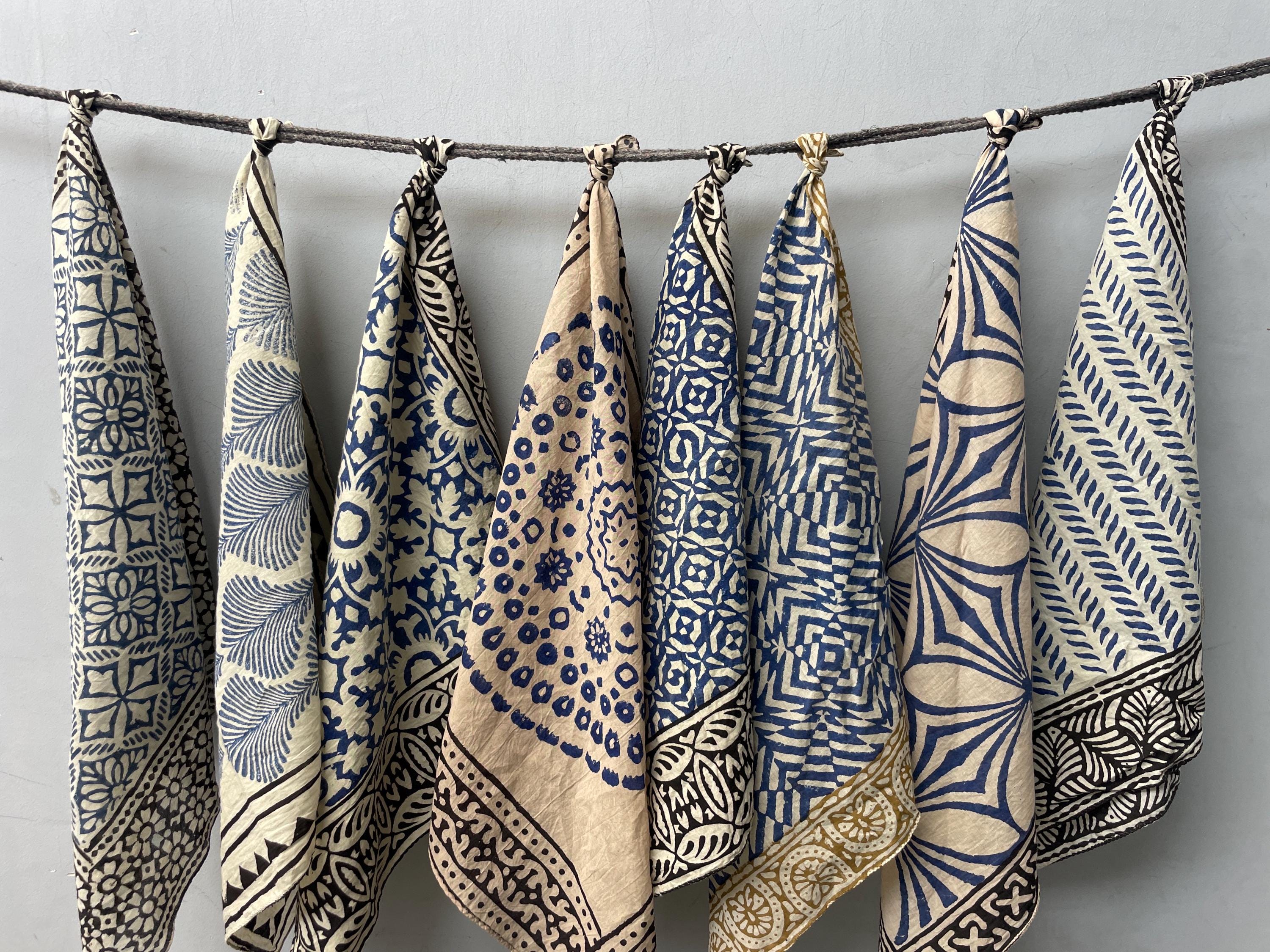 Set of 8 blue Handcrafted Bandanas | Unique Blue Cotton Headbands |Artisan Made Hair Accessories | Face & Neck Wrap | Blue Themed Gift Set