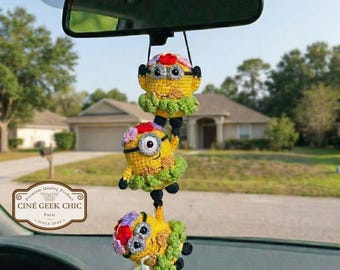 Set of 3 Minion Car Hanging Charms | Fanmade Crochet Minion Plushies | Cute Rearview Mirror Decor | Amigurumi Minion Gifts