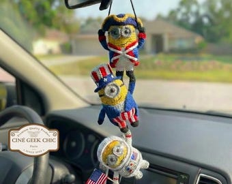 Conjunto de 3 enfeites de carro dos Minions | Pelúcias de crochê dos Minions feitas por fãs | Decoração fofa America250 | Presentes de amigurumi dos Minions | America 250