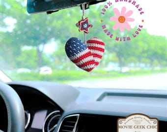 American Flag Heart | Patriotic Heart Car Charm | Rearview Mirror Hanging Decor | Handmade USA Flag Crochet Ornament | 4th of July Gift