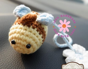 Bee and Flower Car Charm Crochet | Cute Rearview Mirror Hanging | Handmade Bee tiny Plush | Sunflower Car Decor | Boho Cottagecore Gift