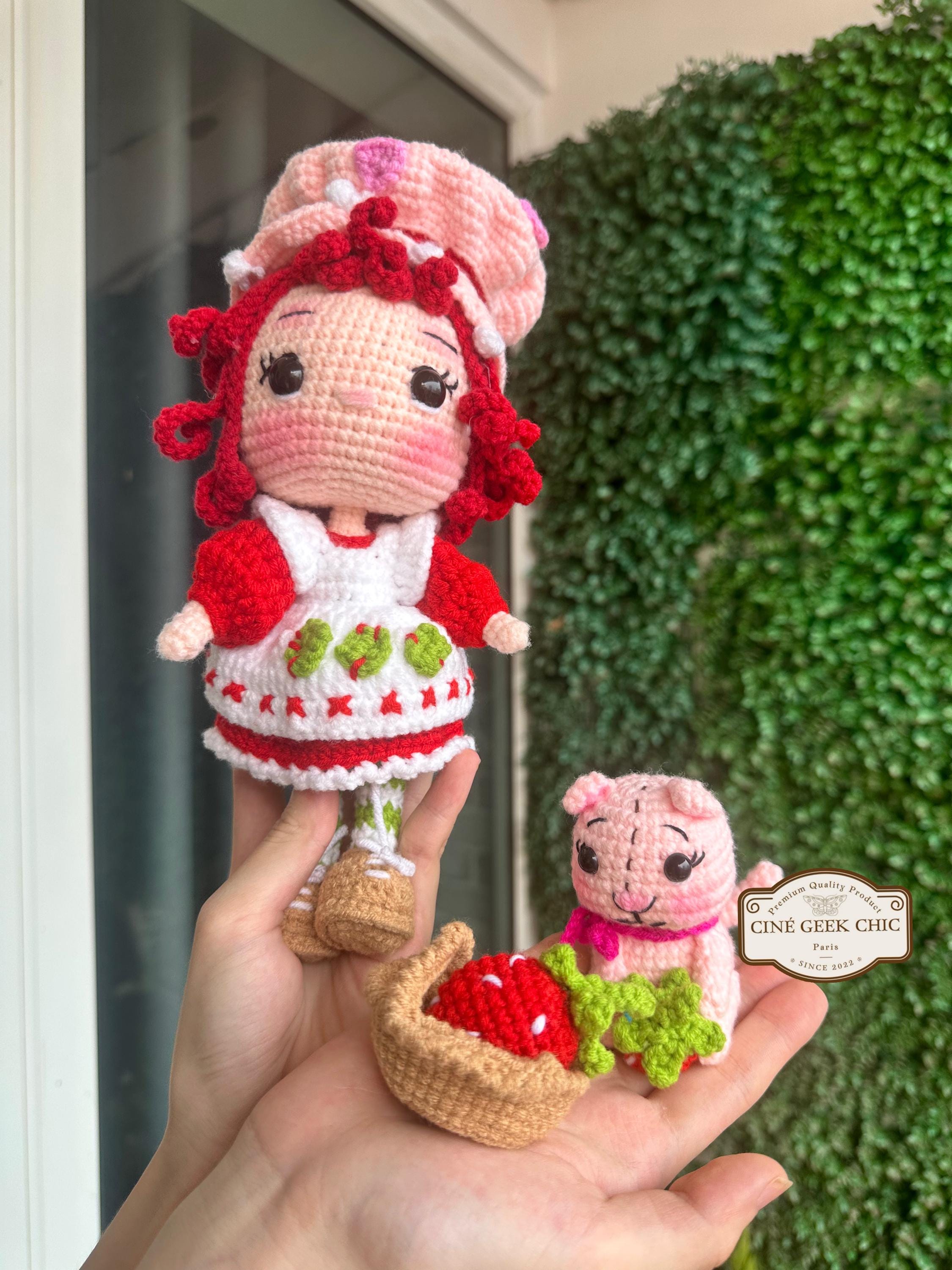 Strawberry Girl with Kitten Crochet Doll | Fanmade-Strawberry-Shortcake-Inspired Amigurumi | Handmade Cute Doll & Pet Plush Set