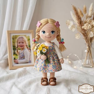 Könnte beinhalten: Eine handgefertigte Häkelpuppe mit blonden Zöpfen, blauen Augen und einem Blumenkleid. Die Puppe hält einen Strauß gelber und weißer Blumen und trägt braune Sandalen. Im Hintergrund befindet sich ein gerahmtes Foto eines jungen Mädchens.