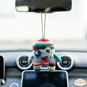 Handmade Patchwork Stripe Monster Crochet Car Hanging, Colorful Boho Mirror Buddy