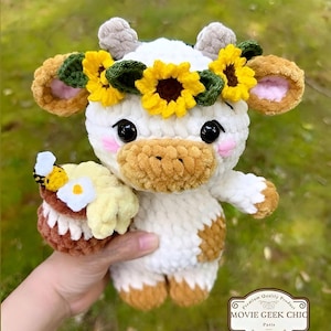 Sunflower Moo Cow | Handmade Amigurumi Cow Plush with Clothes & Flowers | Cute Farm Animal Doll |  6-8 inches