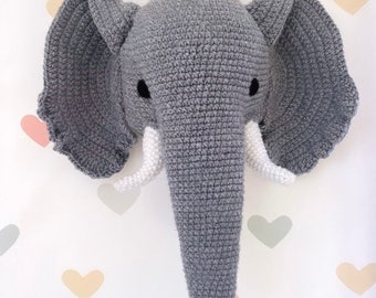 Handmade Elephant Head Wall Hanging – Crochet Safari Animal Wall Decor – Soft Elephant Wall Mount for Nursery or Playroom