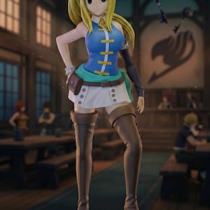 May include: A figurine of a female anime character with blonde hair and blue eyes. She wears a blue top with gold accents, a white skirt, and brown boots. The figure is posed on a stone-like base, with a blurred background of a tavern setting.