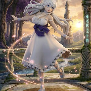 May include: A white anime-style figurine of a woman with long white hair, blue eyes, and fox-like ears. She wears a white dress with a purple sash and matching armbands. The figurine is posed in a dynamic stance, set against a fantasy landscape with a river and mountains.