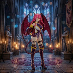 May include: A detailed figurine of a female demon with pink hair, red wings, and a purple and white bodysuit. She wears tall brown boots and has a tail. The background is a gothic cathedral with stained glass windows and statues.