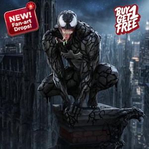 May include: A detailed statue of Venom, a Marvel Comics character, crouched on a stone structure. The figure is predominantly black with white accents and a long, green tongue. The statue is set against a cityscape backdrop, with text that reads "NEW! Fan-art Drops!" and "BUY 1 GET 1 FREE".