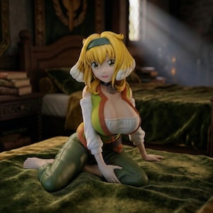 May include: Anime-style figurine of a female character with blonde hair, green eyes, and a green headband. She wears a white top, green vest, and green pants. The figure is kneeling on a green bedspread.