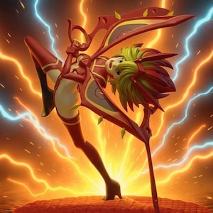 May include: A dynamic anime-style figure in a red and gold outfit, posed mid-air with a large, ornate weapon. The figure has green hair and is set against a backdrop of orange and blue lightning bolts, creating a dramatic and energetic scene.