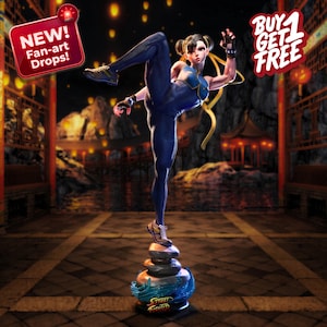 May include: A detailed statue of a female character in a dynamic fighting pose, wearing a blue and gold outfit. The figure is balanced on a stack of stones, with the base featuring the text "Street Fighter". The image includes text that says "NEW! Fan-art Drops!" and "BUY 1 GET 1 FREE".
