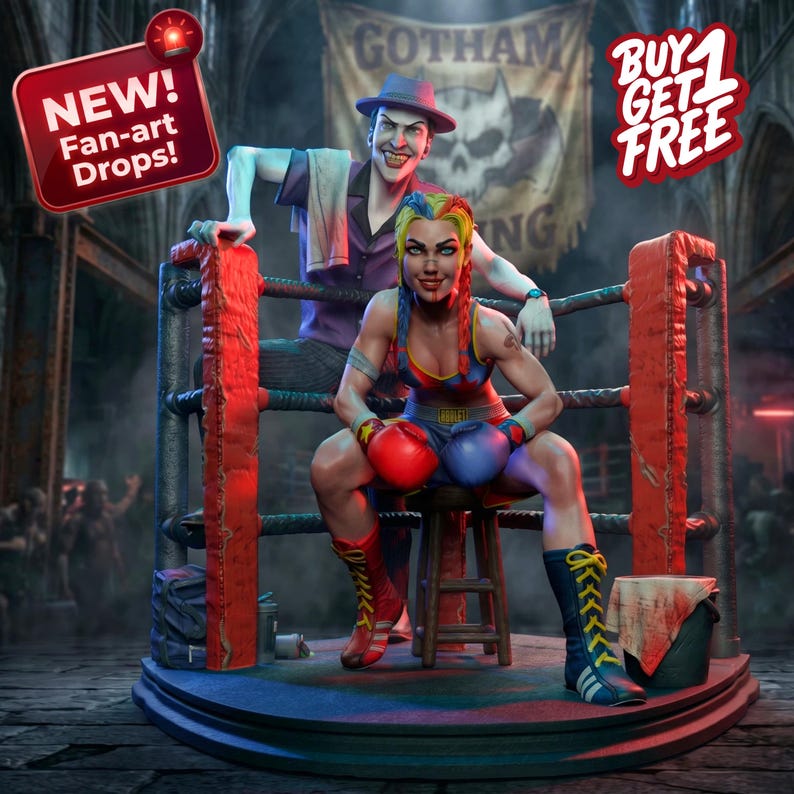 May include: A detailed fan-art statue of two comic book characters in a boxing ring. One character is seated, wearing boxing gloves and gear. The other character is standing behind, leaning on the ring's ropes. The ring is red and the background has a banner that says "Gotham".