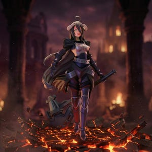 May include: A detailed figurine of a female character in dark armor, holding a weapon. The figure stands on a cracked, fiery surface, with a blurred background of a ruined city. The character has long hair and a horned headpiece.