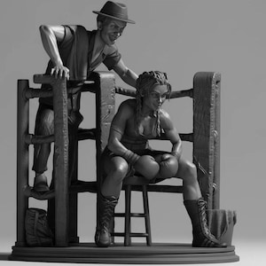 May include: A monochrome sculpture depicting a boxing scene. A boxer sits in a ring corner, wearing gloves and boots. A man in a hat leans over the ring, seemingly offering advice. A bag and bucket are also present in the scene.