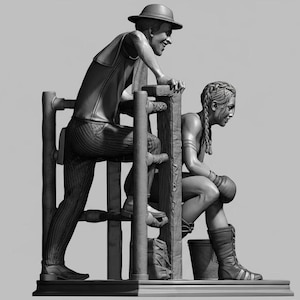 May include: A monochrome sculpture of two figures. One, wearing a hat, leans over a wooden structure. The other, wearing boxing gloves and boots, sits within the structure. The sculpture is highly detailed and realistic in style.
