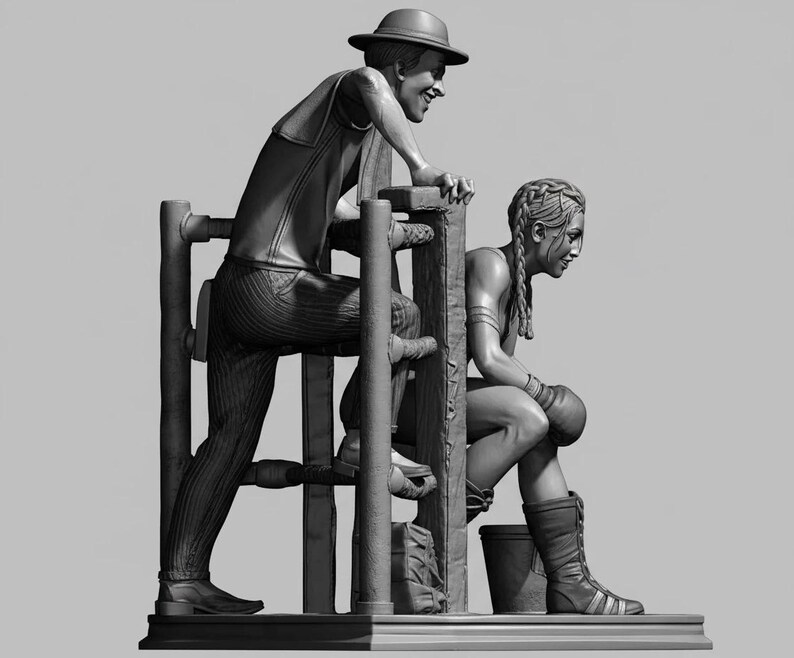 May include: A monochrome sculpture of two figures. One, wearing a hat, leans over a wooden structure. The other, wearing boxing gloves and boots, sits within the structure. The sculpture is highly detailed and realistic in style.