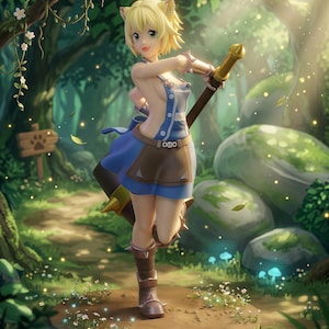 Könnte beinhalten: Figur einer weiblichen Figur mit blonden Haaren und Katzenohren, bekleidet mit einem blau-braunen Outfit, die einen Stab hält. Die Figur befindet sich in einer Waldszene mit einem Pfad, Bäumen und leuchtenden Partikeln. Die Figur steht auf einer kreisförmigen Basis.