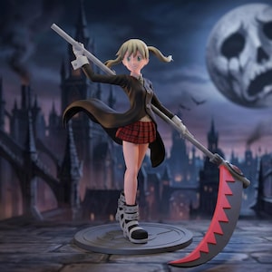 May include: Anime figure of a young woman with blonde pigtails, wearing a black coat, plaid skirt, and boots, holding a large scythe. The background features a gothic cityscape, a skull-shaped moon, and bats.