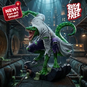 May include: A green and white Lizard action figure with a lab coat and purple pants. The figure is posed in a menacing stance, with its mouth open, revealing sharp teeth. The figure is on a platform with green liquid. Text reads "NEW! Fan-art Drops!"