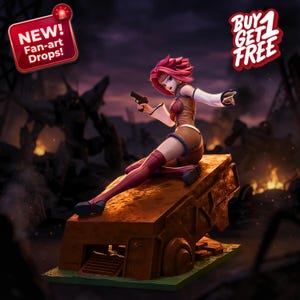 May include: A figurine of a female character with pink hair, wearing a brown and white outfit, holding a gun, and sitting on a brown rectangular structure. The background shows a post-apocalyptic scene with fire and debris. Text reads "NEW! Fan-art Drops!" and "BUY 1 GET 1 FREE".