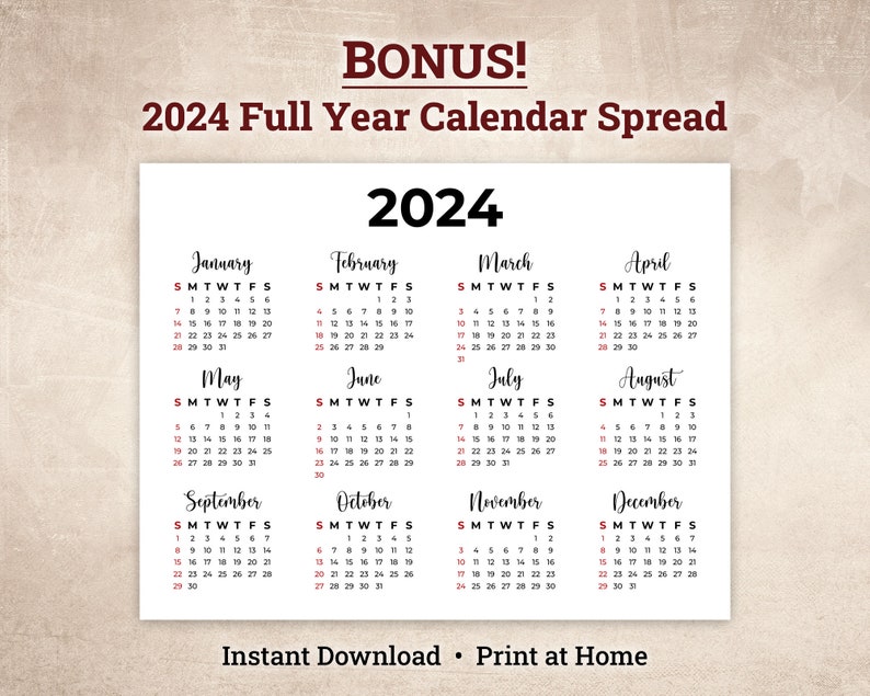 2024 Monthly Calendar Planner BONUS Full Year Spread Instant Download ...