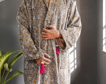 OFMD Velvet Banyan Fabric Kimono Cotton Velvet Robe Long, Original OFMD break up robe Printed Kimono With Tassels