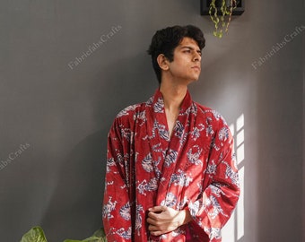OFMD Red Cheeta Velvet Banyan Fabric Kimono Cotton Velvet Robe Long, Original OFMD break up robe Printed Kimono With Tassels