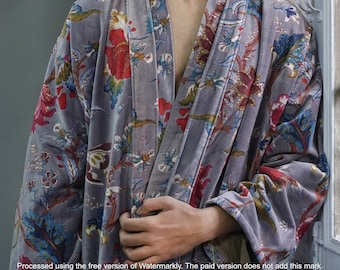 OFMD Gullen Print Velvet Banyan Fabric Kimono Cotton Velvet Robe Long, Original OFMD break up robe Printed Kimono With Tassels