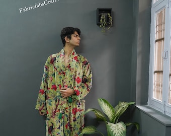 OFMD Green Bird Velvet Banyan Fabric Kimono Cotton Velvet Robe Long, Original OFMD break up robe Printed Kimono With Tassels, Velvet Robe