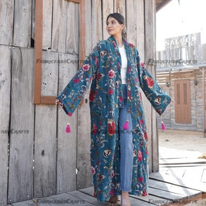 Bata de casa de terciopelo de algodón de lujo, chaqueta tipo kimono unisex estilo bohemio, forro de algodón indio, regalo de Navidad exótico, elegante bata tipo kimono estampada con borlas