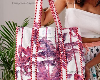 Handmade Cotton white Colour Block Print reversible Shopping Bag,Tote Bag,Large Shopping Bag,Quilted Tote Bag,Large Floral Bag,Kantha Bag