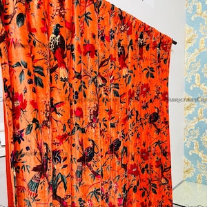 VintageCotton Velvet Coral Orange Color Bird Print luxury Curtain , Boho Curtain, luxury Drapes Housewarming Gift.