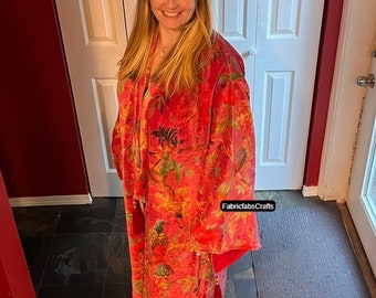 OFMD Pink Bird Velvet Banyan Fabric Kimono Cotton Velvet Robe Long, Original OFMD break up robe Printed Kimono With Tassels
