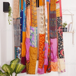 Indian Vintage Silk Sari Fabric Curtain Handmade Decorative Boho Hippie Curtain, Room Decor Patchwork Curtain, Window