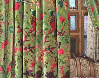 Cortina de lujo con estampado de pájaro verde oliva de terciopelo de algodón vintage, cortina Boho, regalo de inauguración de la casa de cortinas de lujo.