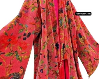 OFMD Pink Bird Velvet Banyan Fabric Kimono Cotton Velvet Robe Long, Original OFMD break up robe Printed Kimono With Tassels