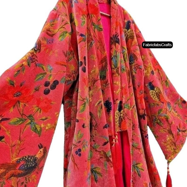 OFMD Pink Bird Velvet Banyan Fabric Kimono Cotton Velvet Robe Long, Original OFMD break up robe Printed Kimono With Tassels