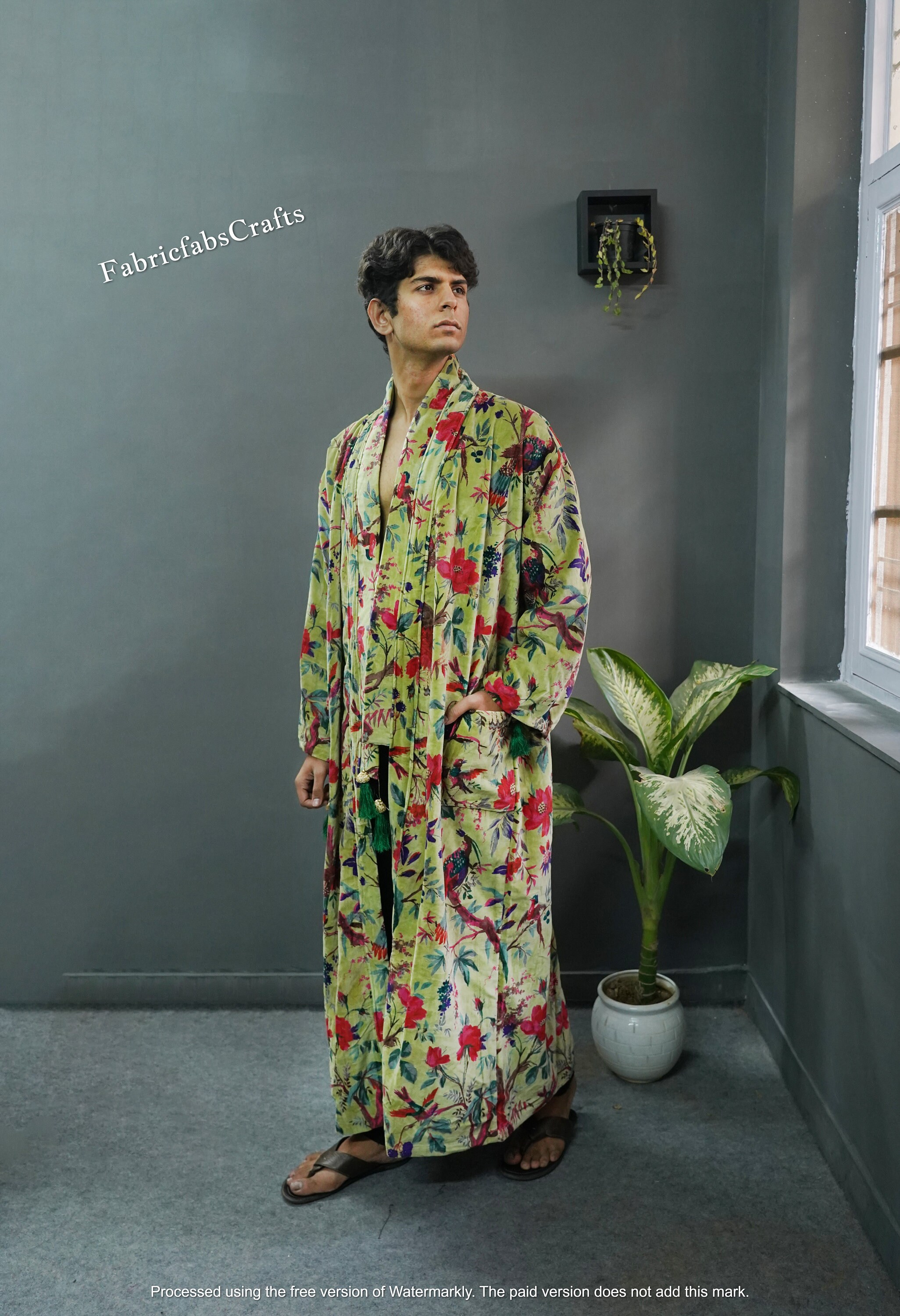 Ofmd Robe OFMD Green Bird Velvet Banyan Fabric Kimono Cotton Velvet Robe Long ...