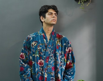 Kimono largo de terciopelo azul con estampado floral de tela Banyan, bata de terciopelo de algodón, bata original OFMD para rupturas, kimono estampado con borlas THEBLOCKPRINT