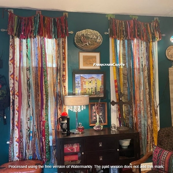 Vintage indien vieux tissu Sari en soie fait multicolore ruban de soie rideau porte fenêtre décor upcycled rideau maison porte fenêtre rideau