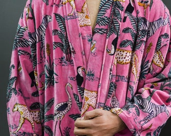 Kimono de tela de banyan de terciopelo rosa de OFMD, bata de terciopelo de algodón larga, bata original de OFMD, kimono estampado con borlas