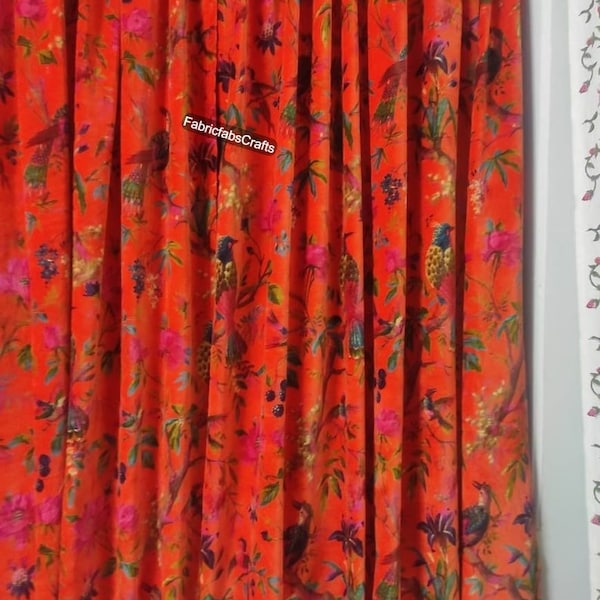 VintageCotton Velvet Coral Orange Color Bird Print luxury Curtain , Boho Curtain, luxury Drapes Housewarming Gift.