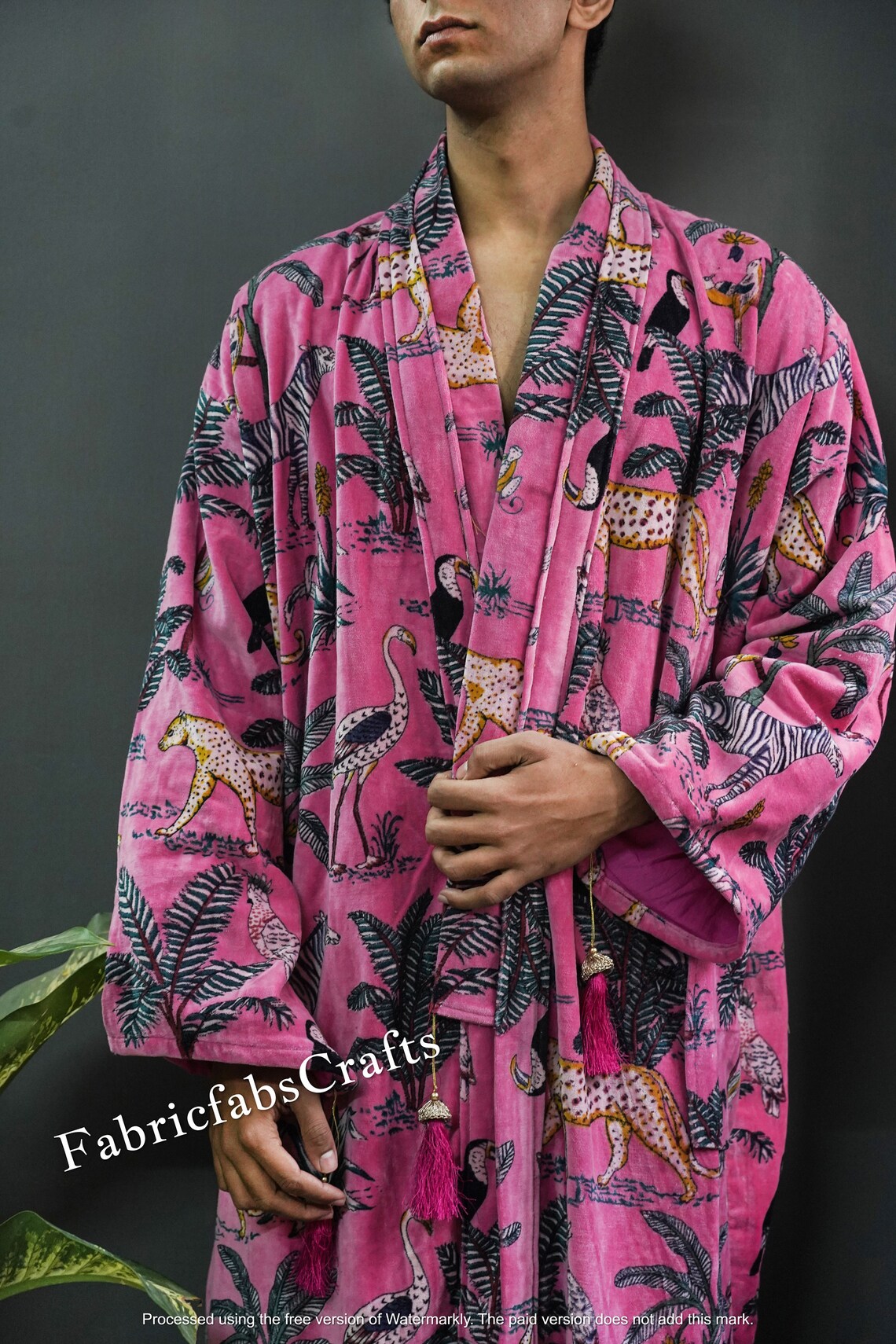 Ofmd Robe OFMD Pink Jungle Velvet Banyan Fabric Kimono Cotton Velvet Robe Long ...